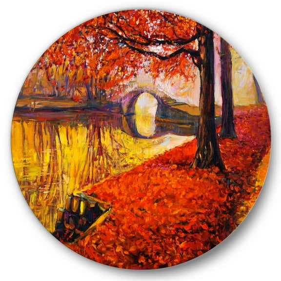 Designart 'Little Bridge In Deep Orange Autumn Landscape I' Traditional Circle Metal Wall Art 36x36 - Disc of 36