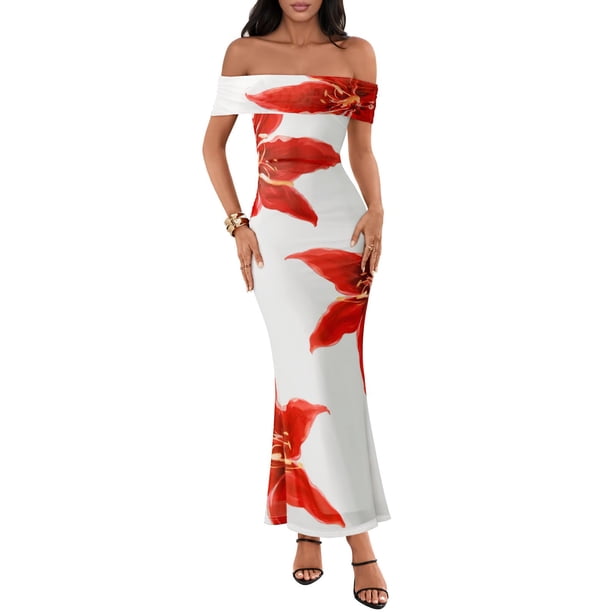 Vestido largo MEROKEETY para mujer con hombros descubiertos, floral, rojo