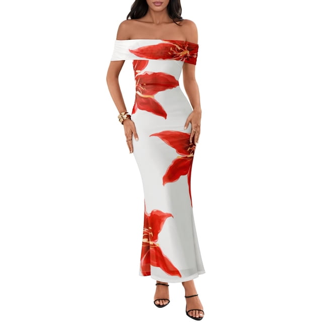 Vestido largo MEROKEETY para mujer con hombros descubiertos, floral, rojo