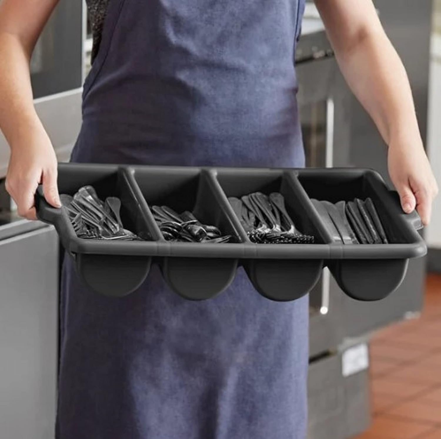 TrueCraftware- 4 Compartments Silverware Organizer Cutlery Tray Black Color 22-1/2" x 13" x 4"- Plastic Utensils Drawer Holder Cutlery Holder for Kitchen Home and Restaurant Organization