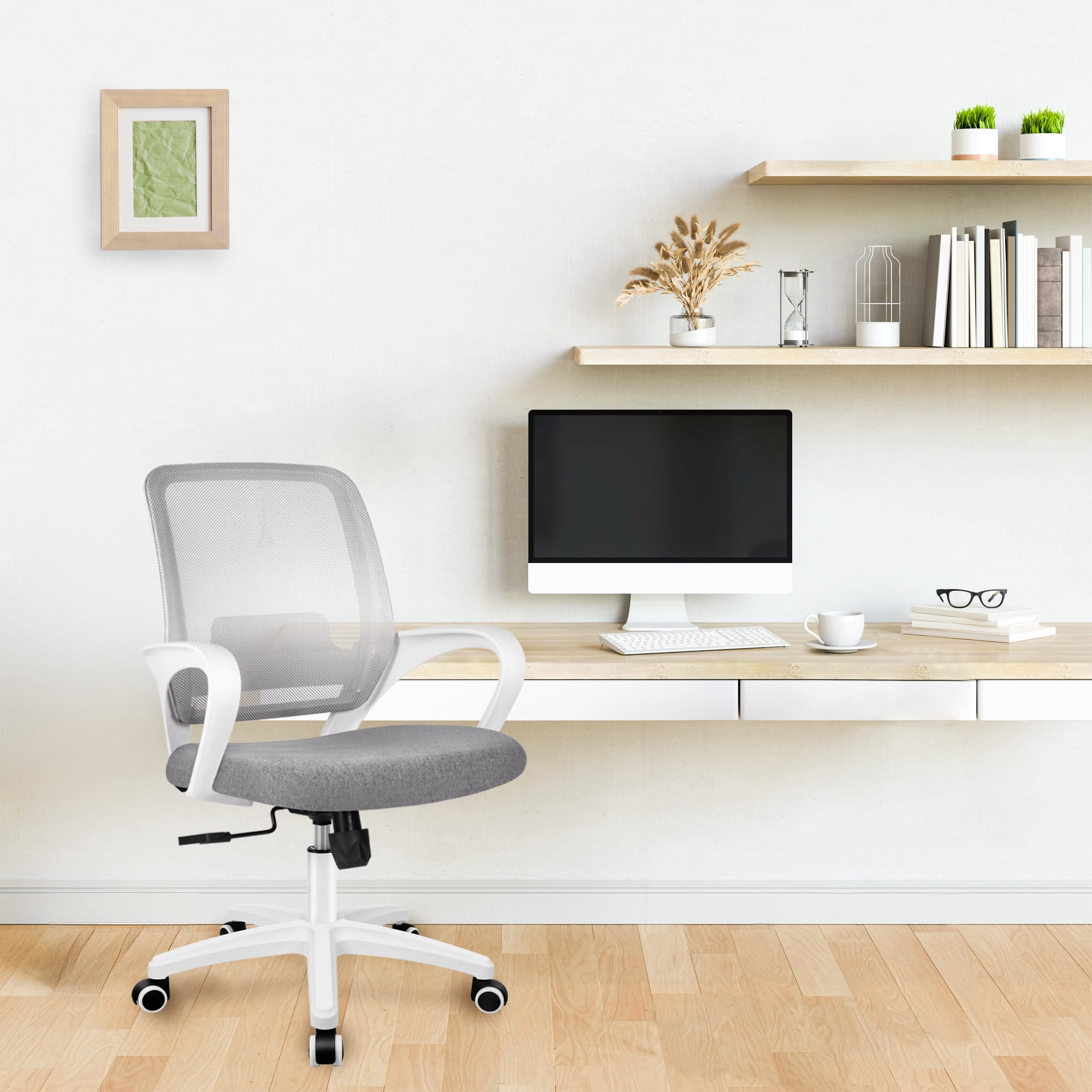 NEO Chair Office Desk Ergonomic Mesh Computer Chair with Lumbar Support Adjustable Height Swivel Rolling Wheels Comfy Mid Back Task Chair for Home Bedroom Vanity Study (Grey)