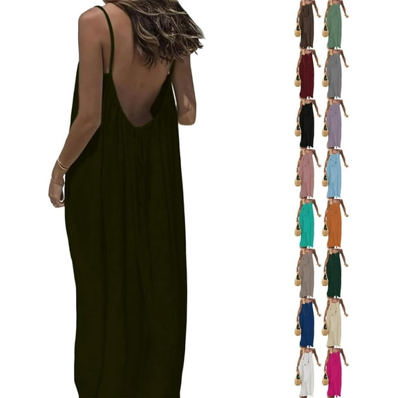 Women's Solid Color Backless Cami Dress, Womens Backless House Dress, Womens Long Dresses Adjustable