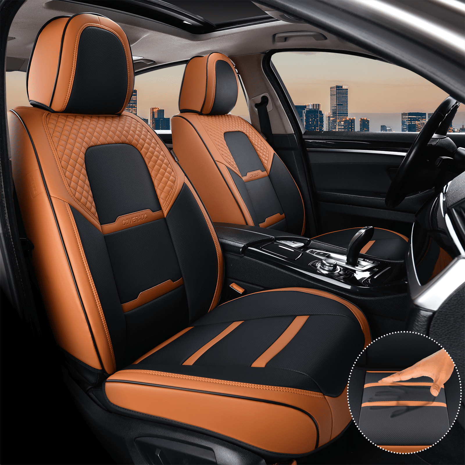 Coverado Car Seat Covers Full Set, Breathable Faux Leather Seat Protectors, Comfortable&Durable, Auto Cushion Universal Fit for Most Cars, Black&Brown