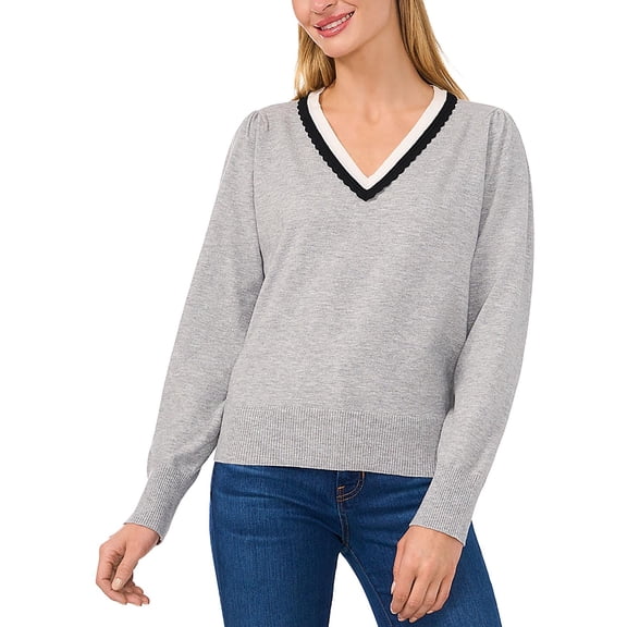 CeCe Womens Scalloped V-Neck Sweater
