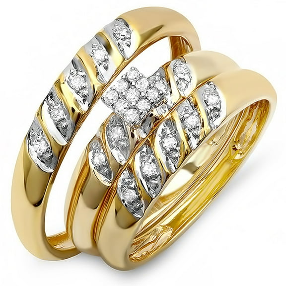 0.20 Carat (ctw) 10k Yellow Gold Round Diamond Ladies & Mens His Hers Bridal Engagement Ring Trio Set 1/5 CT
