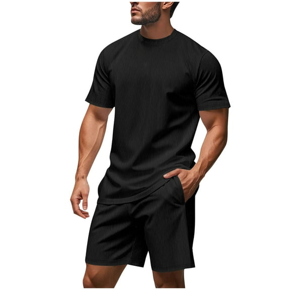 USNSM Mens Casual Fashion Round Neck 2 Piece Outfits-Short Sleeve Athletic Set Oversize T-Shirts Drawstring Tracksuit Set Black XL