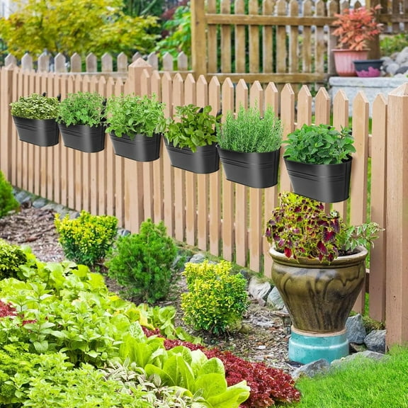 Railing Planter with Drainage Holes - 6Pcs Sturdy Metal Flower Pots for Railing Fence, Countryside Style Black Garden Planters for Herbs Balcony Yard Decor