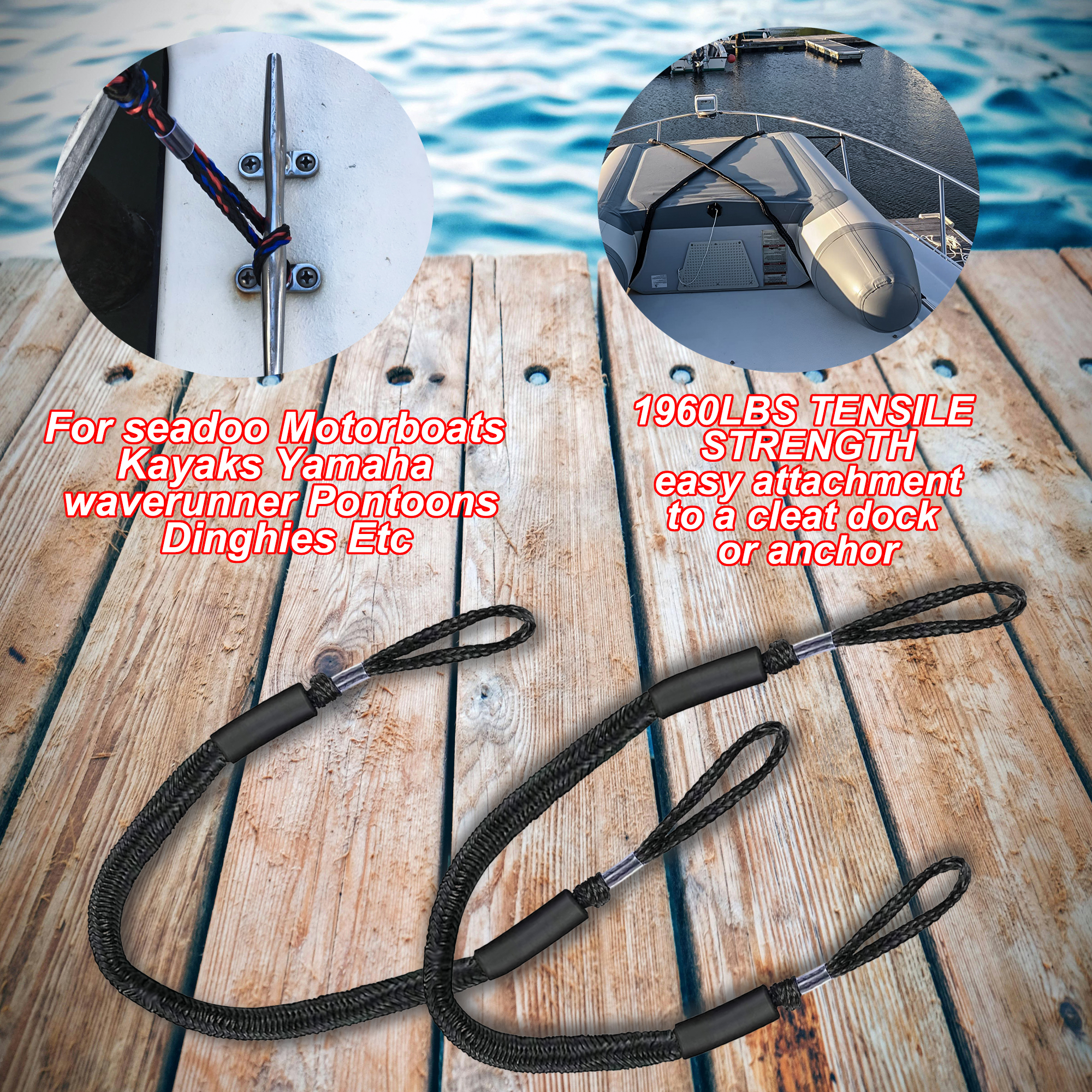 3FT Bungee Dock Line Mooring Rope with Built-in Bumpers, Ideal for Docking Accessories for Kayaks, Watercraft, SeaDoos, Jet Skis, Pontoons, Canoes, and Power Boats - 2 PCS Black