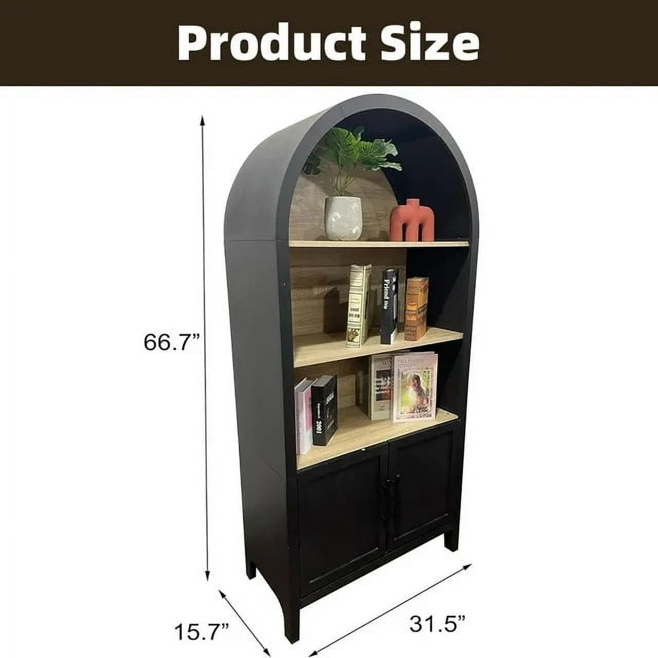 WARMMUSE 66.7" Tall Arched Bookshelf, Mid-Century Modern Bookcase Display Shelf with Cabinet and 3 Shelves, Black and Natural Wood