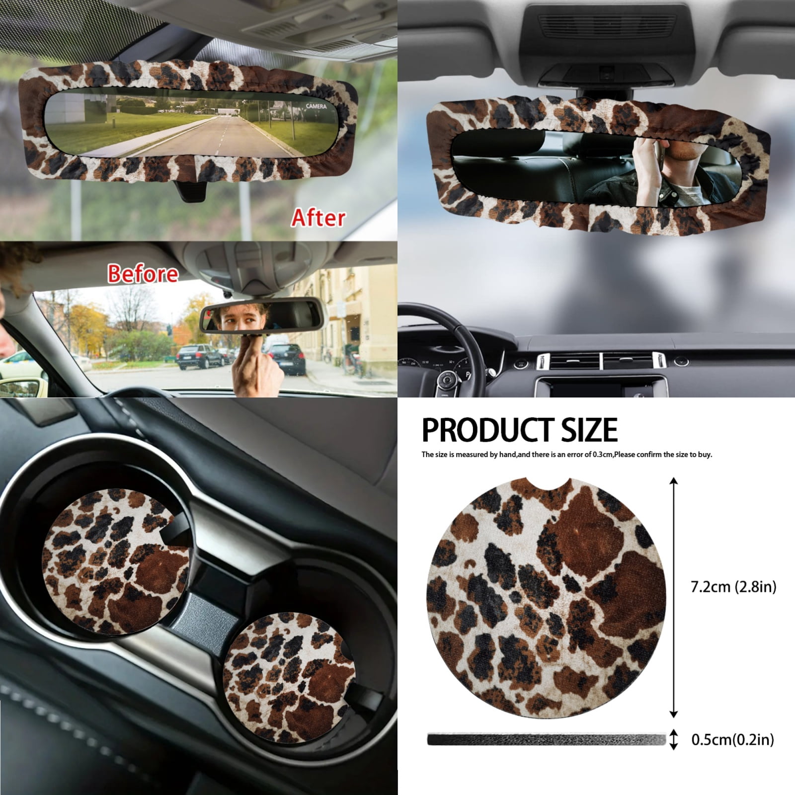 Jeiento Brown Cow Print 14 PCS Car Seat Cover Full Set with Steering Wheel Cover Seat Belt Covers Trash Can Rear View Mirror Cover Center Console Cover Cup Coasters Handbrake Cover Set