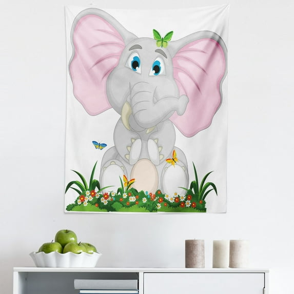 Animal Cartoon Tapestry, Friendly Animal in Garden Daisies Butterflies Huge Ears, Fabric Wall Hanging Decor for Bedroom Living Room Dorm, 5 Sizes, Multicolor, by Ambesonne