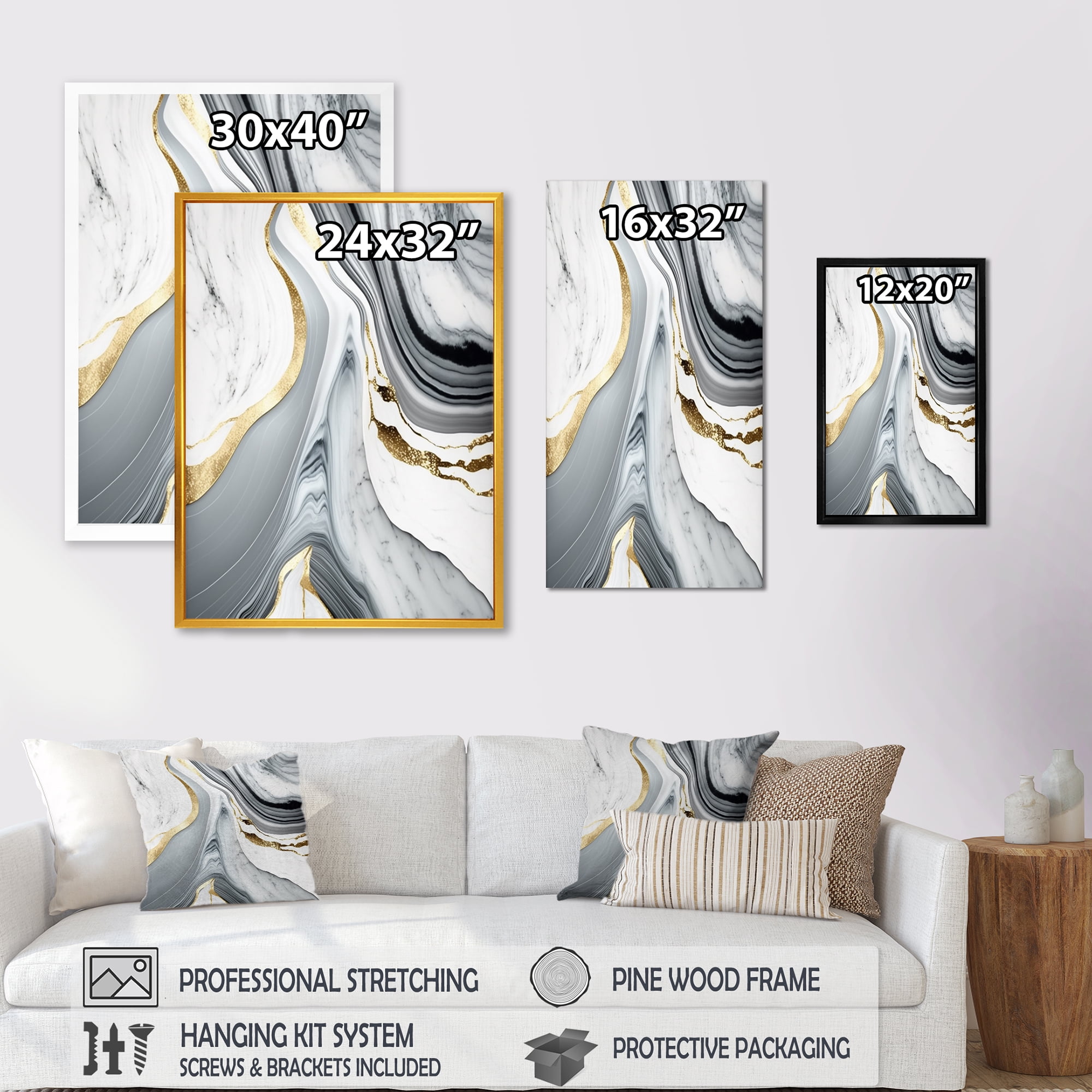 Designart Abstract Geode Marble Waves Grey II Canvas Wall Art