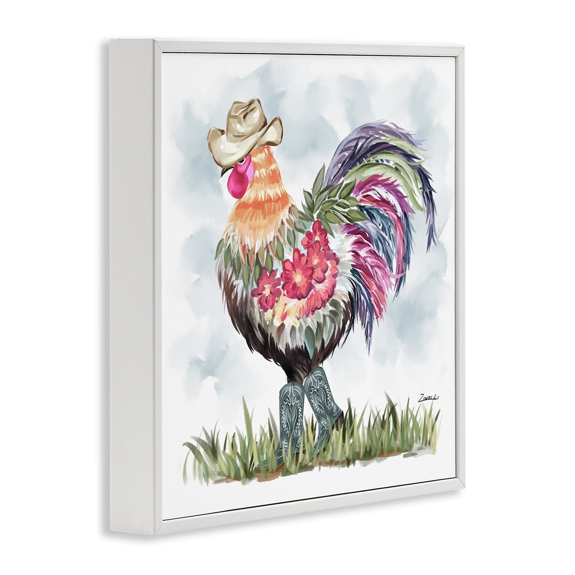 Stupell Industries Cowboy Floral Hen Animals & Insects Painting White Framed Art Print Wall Art, 17 x 17