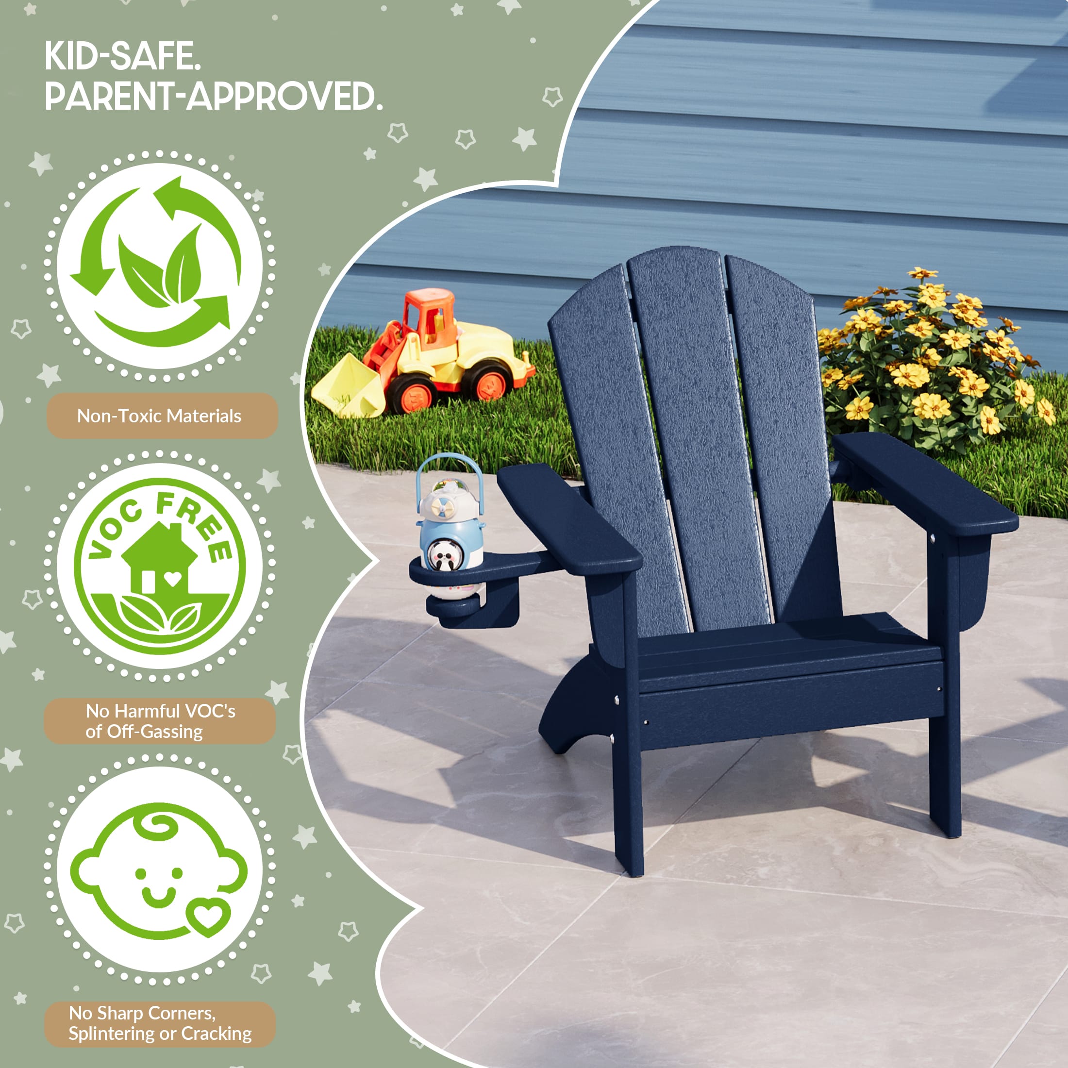 WestinTrends Malibu 3-Piece Kids HDPE Adirondack Chairs Set with Square Side Table and Cup Holders, Navy Blue