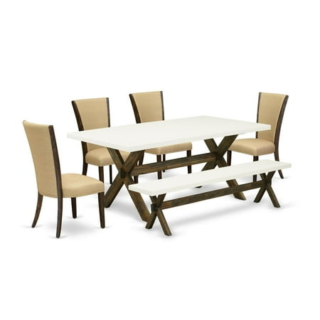 East West Furniture X727VE703-6 6 Piece Table Set – 4 Brown Linen Fabric Dining Chairs with Nailheads and Linen White Wood Dining Table – 1 Dining Bench – Distressed Jacobean Finish