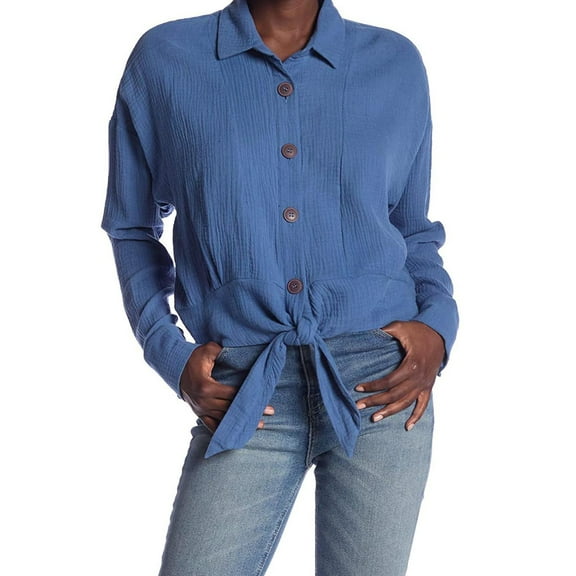 Free People Womens Sunstreaks Tie Front Button Down Blouse, Blue, Medium