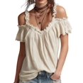 thumbnail image 3 of Women Cold Shoulder Ruffle Trim Top V Neck Short Sleeve Casual Blouse Khaki S, 3 of 7