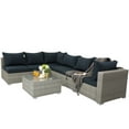 thumbnail image 4 of 7 Piece Outdoor Deck Furniture Sets with 6 Rattan Wicker Chairs, Coffee Table, All-Weather Patio Conversation Set with Dark Blue Cushions for Backyard, Porch, Garden, Poolside, LLL1308, 4 of 8