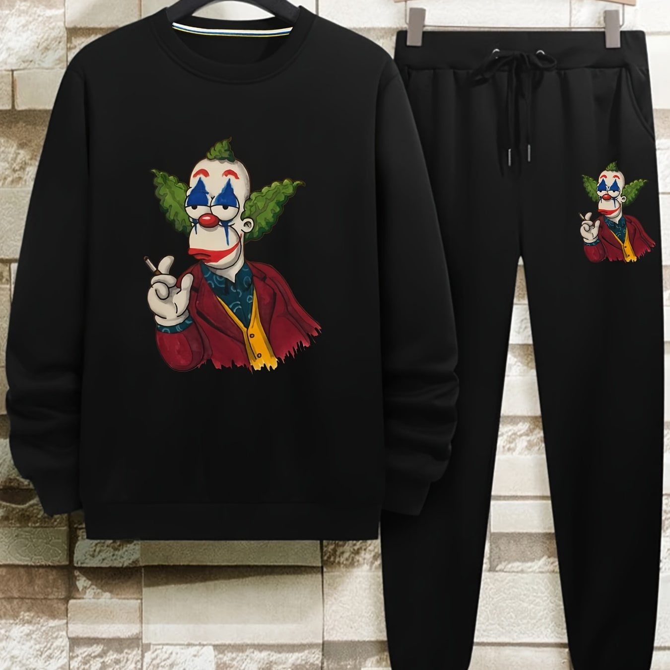 Men's Anime Clown Printed Round Neck Casual Outfits Sets 2 Piece Long  Sleeve Pullover Sweatshirt And Drawstring Sweatpants 