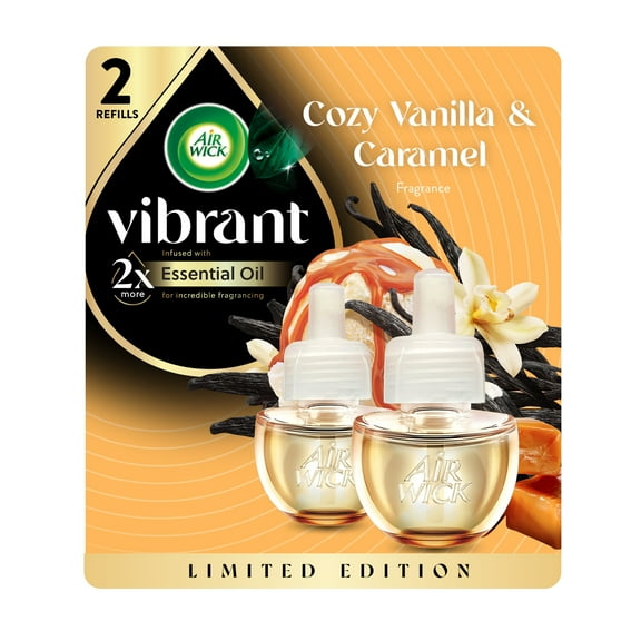 Air Wick Vibrant Plug-In Scented Oil Air Freshener Warmer Refills, Cozy Vanilla and Caramel, 2 Count