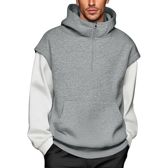 Yteetum Hoodies for Men Oversized Splicing Fake Two Pieces Pullover Hooded Sweatshirts Top Men's Casual Solid Color Mock Neck Loose Fits Comfy Workout Sport Long Sleeve Hoodie Fall Winter Clothes