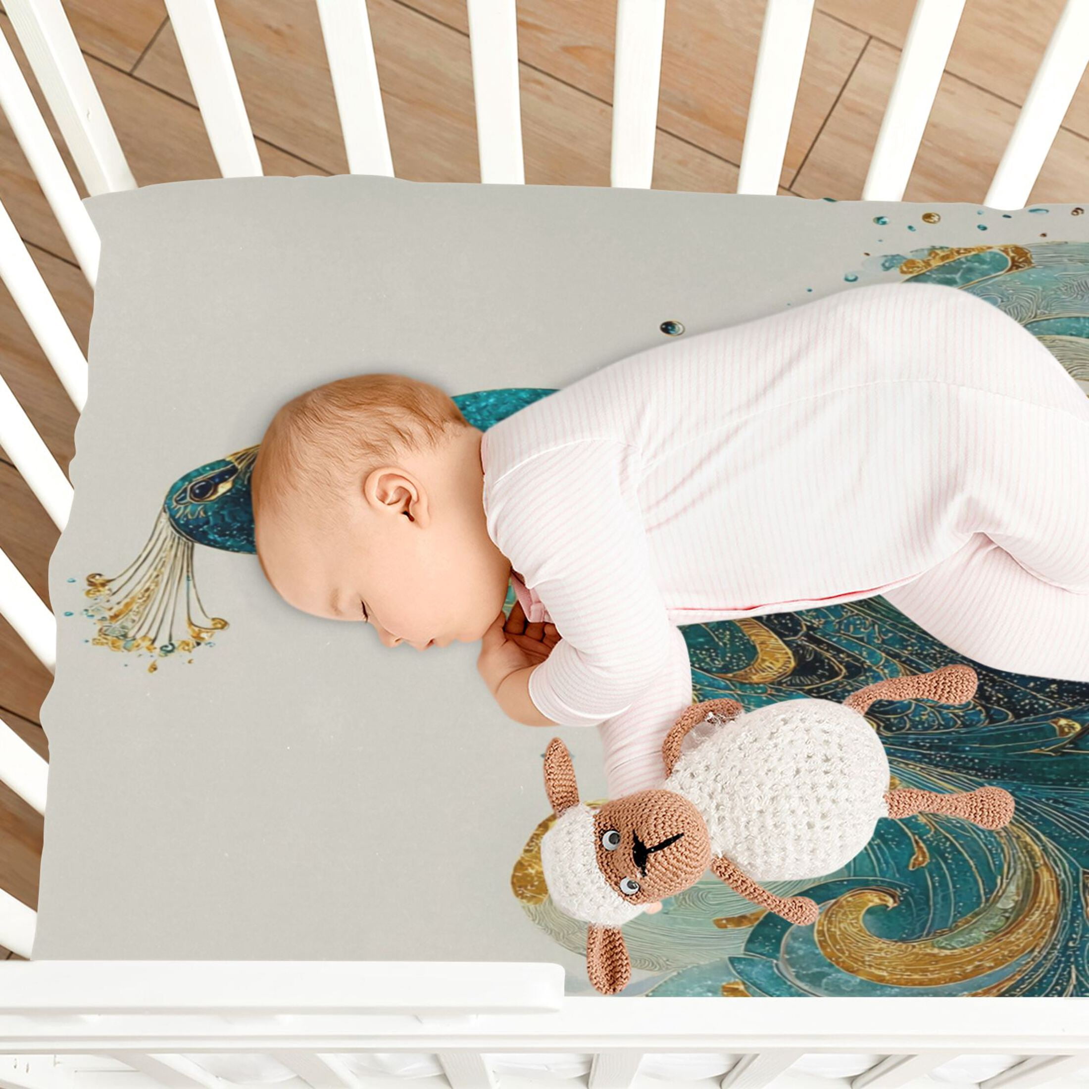 Baby Essentials 52”x 28”- Standard Cotton-like Modal Elastic- Decorated with Peacocks Design Crib Sheets for Newborns and Toddlers
