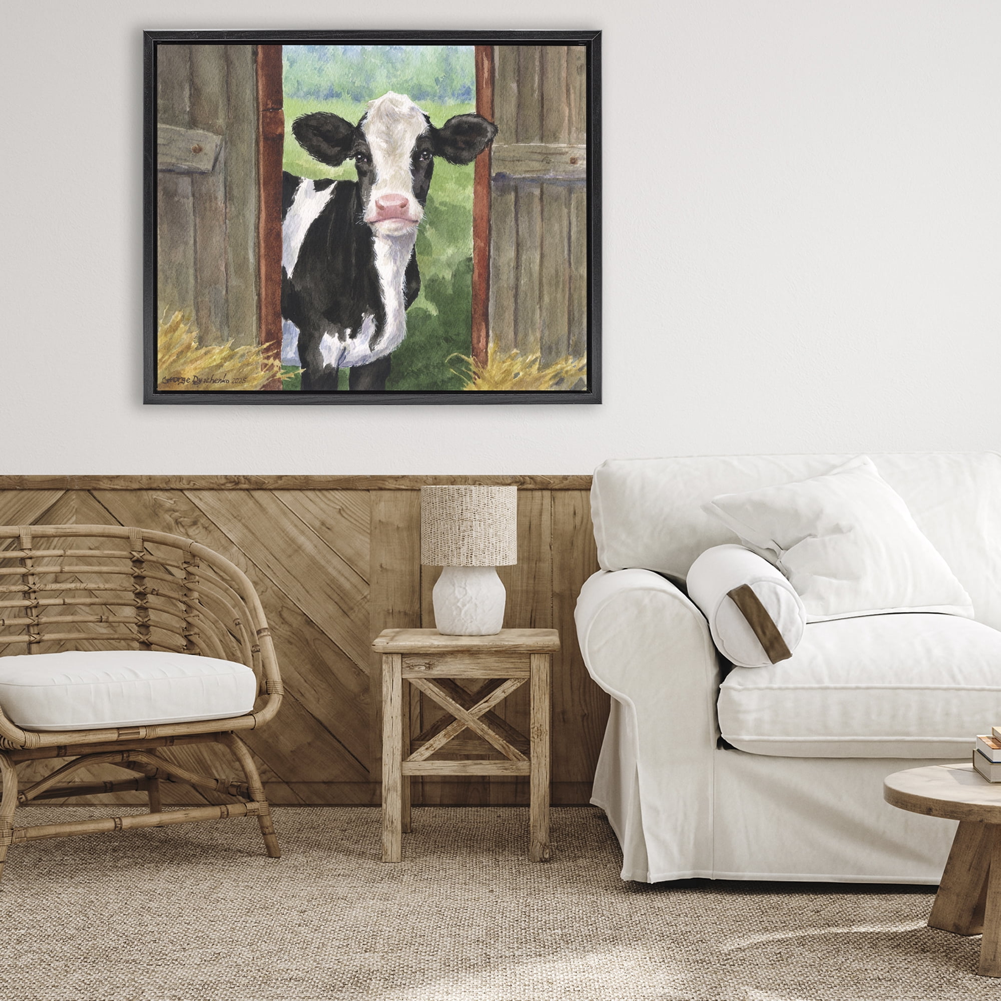 Stupell Industries Cow in Wooden Gate Black Framed Floater Canvas Wall Art, design by George Dyachenko