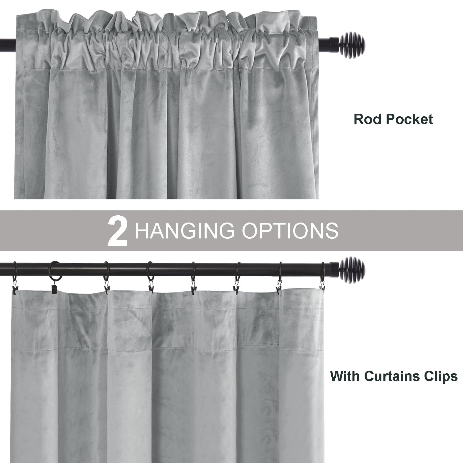 JIUZHEN Velvet Blackout Curtains for Bedroom - 63 inches Thermal Insulated Room Darkening Rod Pocket Drapes for Office/Party, Set of 2 Panels with Tiebacks, 52W x 63L, Silver Grey