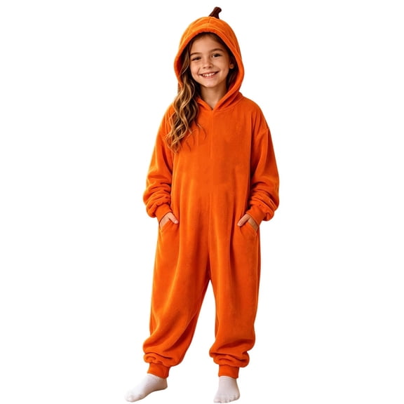 WAYUTE Girls Halloween Long Sleeve Hooded Jumpsuit for Kids Solid Color Soft Lined Loungewear for Girl Casual Party Outdoor Romper,Orange,Size 13 Y-14 Y