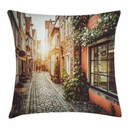 City Throw Pillow Cushion Cover, Old Town Photography Europe Scenes Vintage Buildings Cafes Cool Architecture, Decorative Square Accent Pillow Case, 18 X 18 Inches, Brown Pale Orange, by