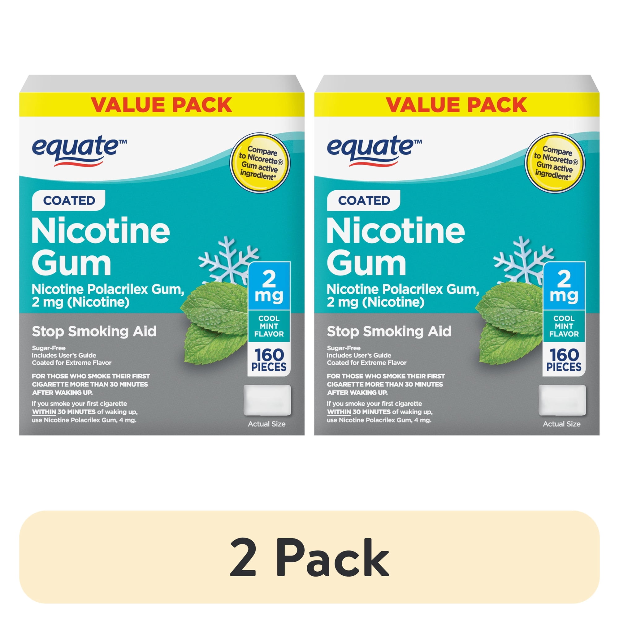 (2 pack) Equate Coated Nicotine Polacrilex Gum 2 mg, Stop Smoking Aid, Mint Flavor, 160 Count