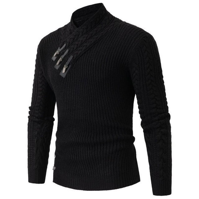 Mrat Men Ribbed Knit Sweater Men's Semi High Neck Casual Irregular Button Knitted Long Sleeved Sweater Men Ribbed Knit Sweater S-3 Black 3XL