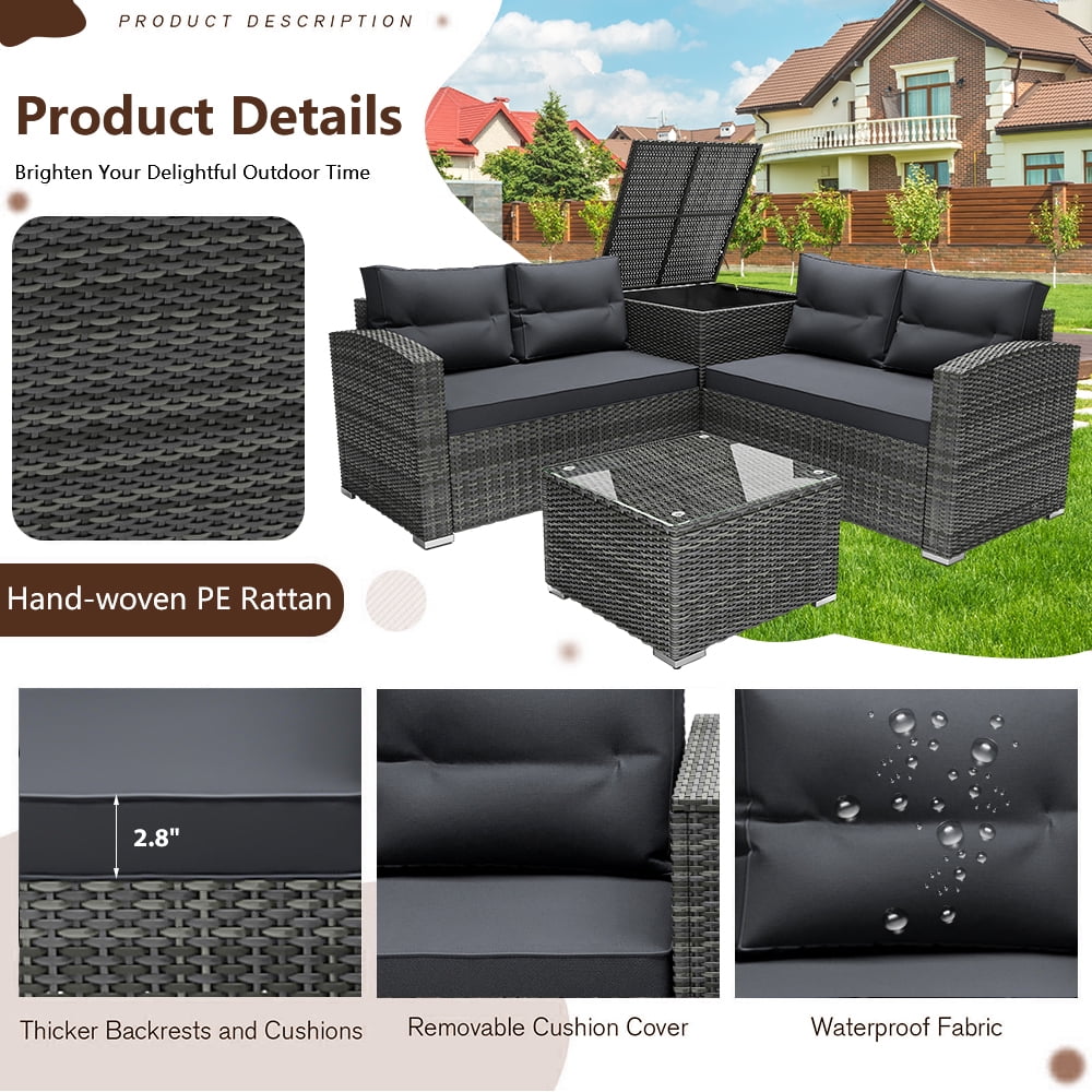 SEGMART 4 Piece Patio Furniture Set, All-Weather Outdoor Sectional Sofa Set, PE Rattan Conversation Set with Storage Box, Table & Cushions, Wicker Furniture Couch Set for Patio Deck Garden