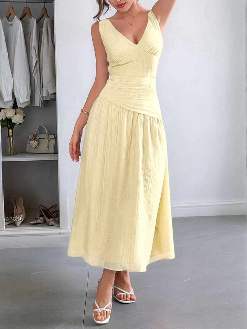 Women'S Summer Sleeveless Casual Dresses V-Neck Wrinkles Backless Party Dress Yellow L