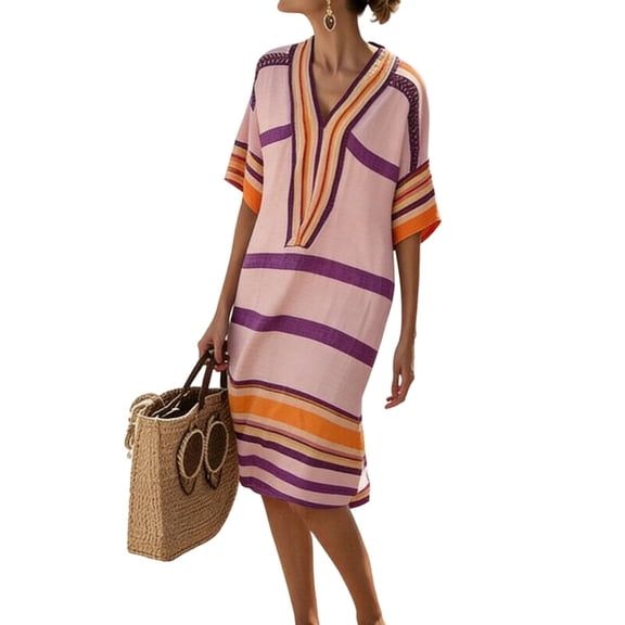 jtjvou Dresses for Women Linen 3/4 Sleeve Midi Dresses Striped Dress Summer V Neck Boho Vacation Dress Casual Outfits Pink XXXL