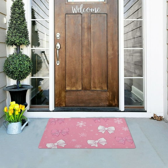 Pink and White Bowknots Snowflakes Christmas Doormats Welcome Mats Gate Pads Entryway Outdoor 32" x 20"