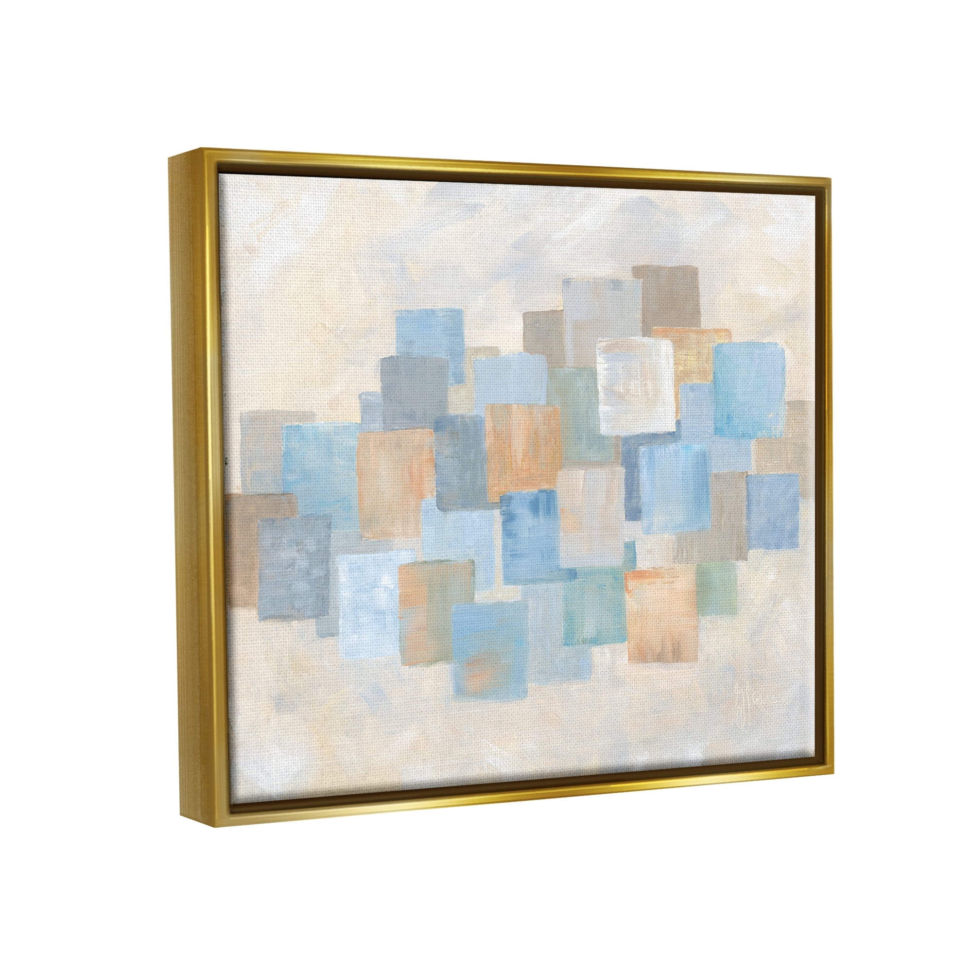 Stupell Industries Layered Blue Beige Squares Abstract Painting Gold Floater Framed Canvas Art Print Wall Art, 21 x 17