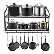 Sbomiaort 30-inch Hanging Pot Rack - Mounted Hanging Rack for Kitchen Storage and Organization- Matte Black 2-Tier Wall Shelf for Pots and Pans with 10 Hooks
