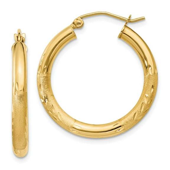 14K Yellow Gold Earring Hoop Women'S 25 mm Satin & Diamond-Cut 3Mm Round Earrings