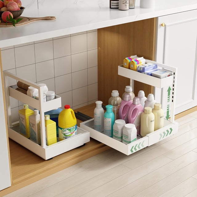 Cajones Organizador Bajo Fregadero, 2 Niveles Organizador de Cocina con 3 Rieles Adhesivo, Ajuste de altura en 6 niveles, Adecuado para Cocina Baño. Anchura 32-52 cm Ajustable