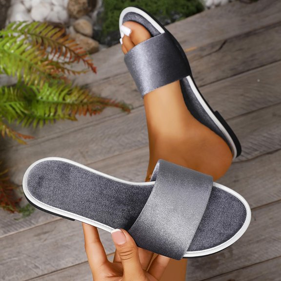 Women Solid Velvet Wide Strap Flat Open Toe Slip On Casual Slide Sandals Gray 8.5