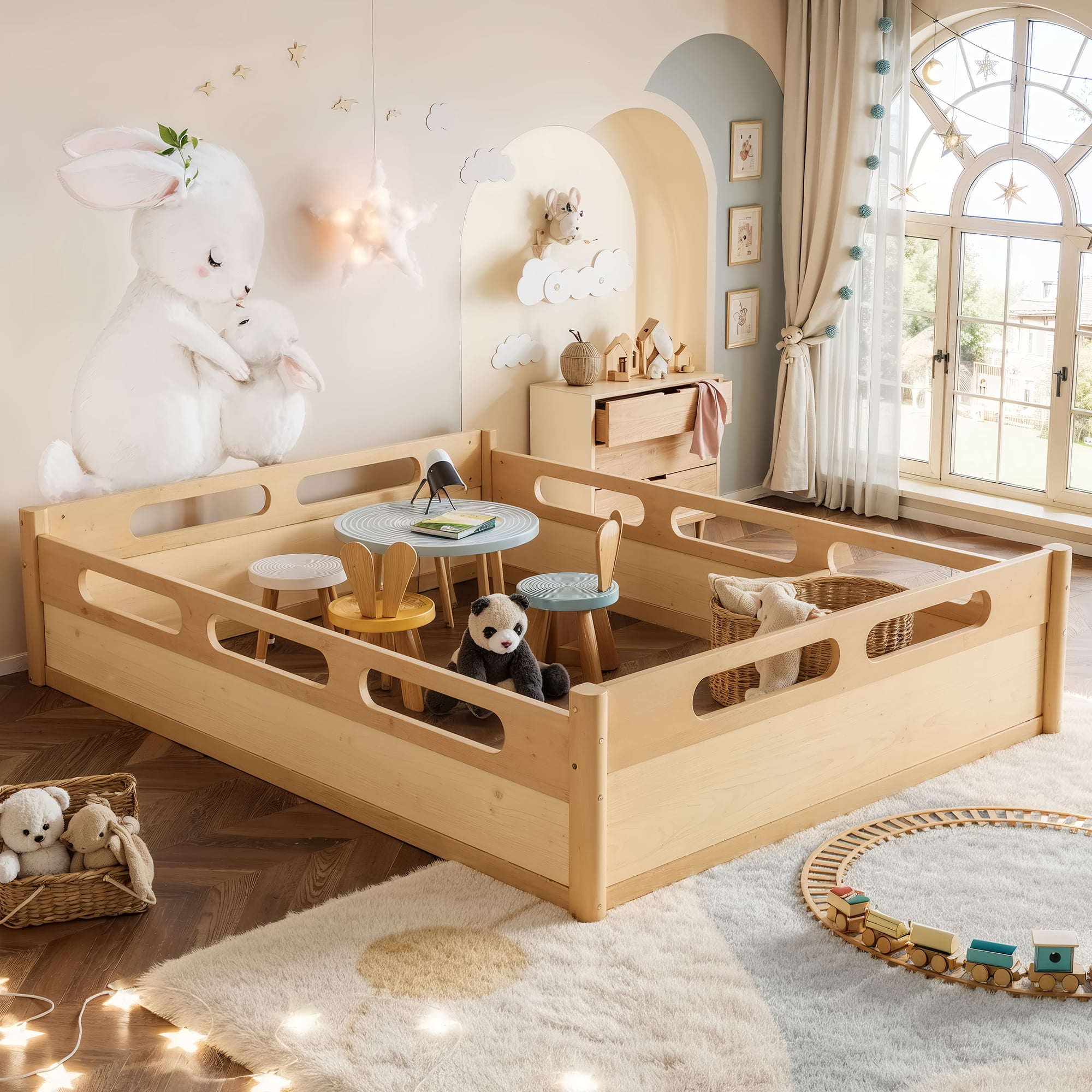 Leumius Queen Size Floor Bed with Full-length Guardrails,Low Profile Montessori Bed Frame,Easy Assembly, No Box Spring Needed,Natural