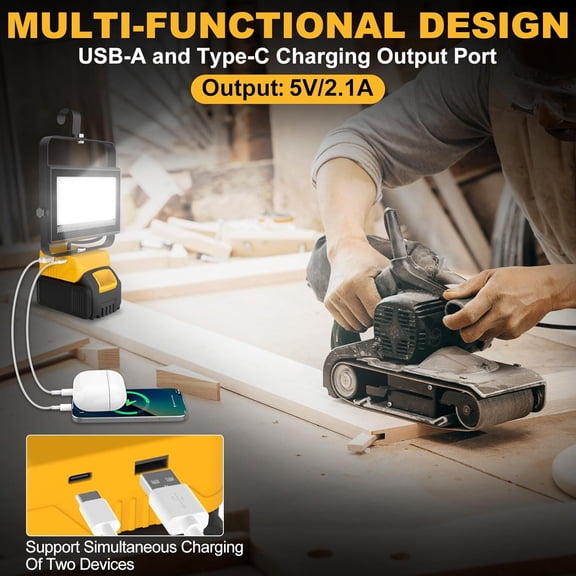 OTGFRF-60W 6000LM Cordless Work Light for Dewalt 20V Battery (Battery Not Included), Portable LED Flashlgiht Flood Light with USB &Type C Charging for Job Site, Emergency, Fishing, Camping