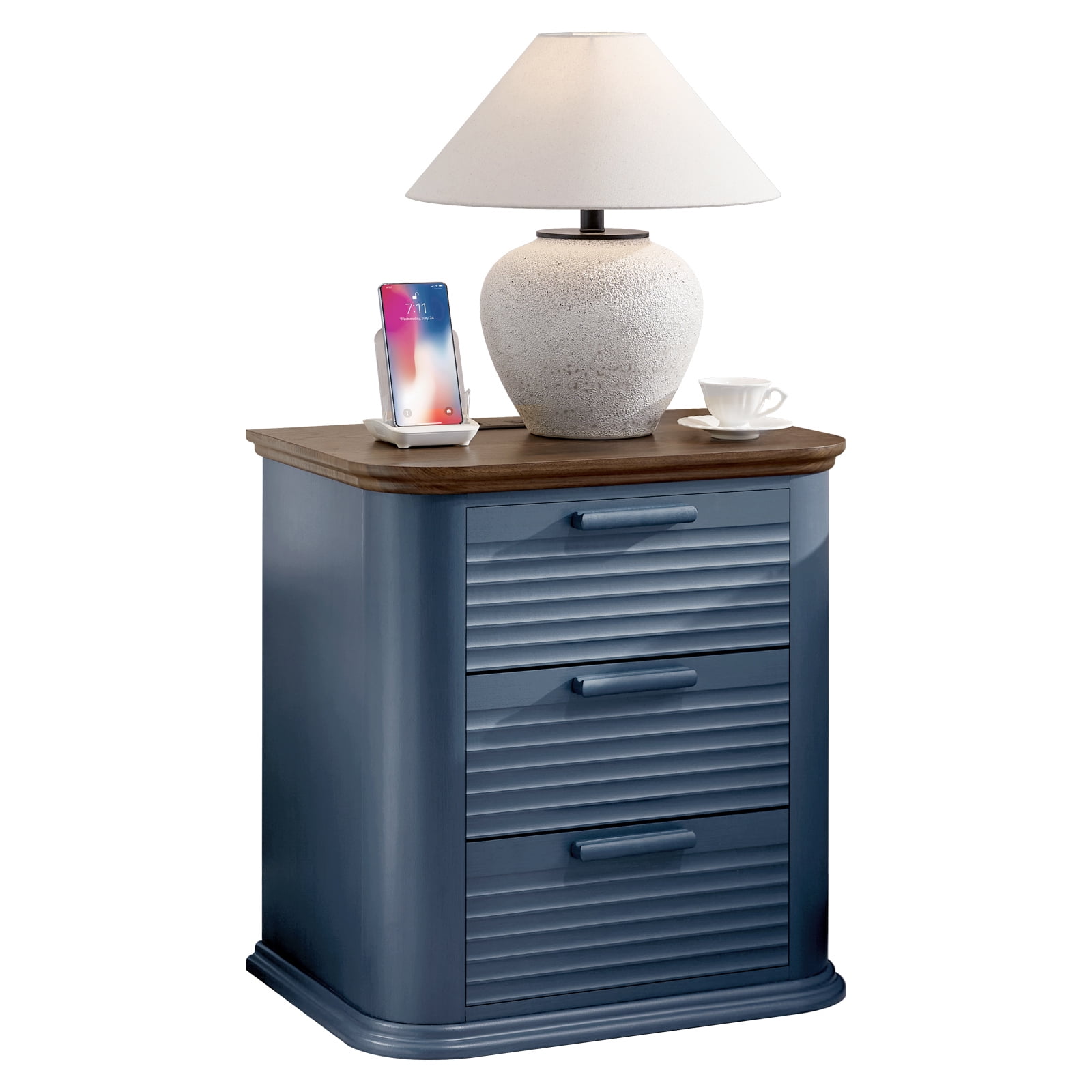Hommoo 22" Wide Fluted Nightstand with Charging Station, Modern End Table Bedside Tables, 3 Drawer Dresser for Living Room, Bedroom, Home Office, Navy Blue