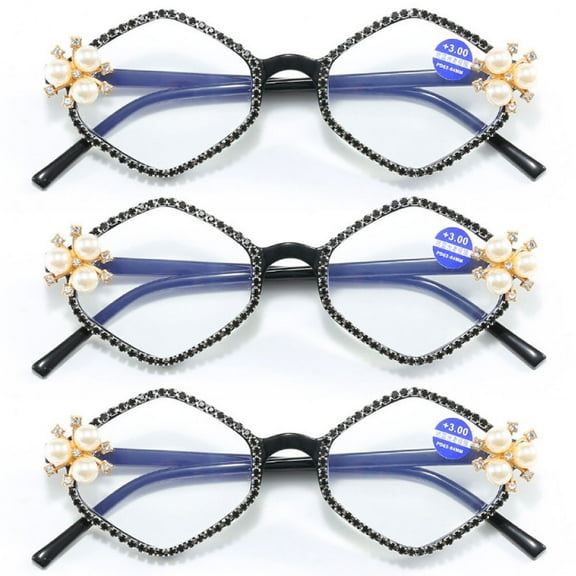 3 Pairs of Women Diamond Shape Reading Glasses 1.00 Ladies Black Frame Pearl Elegant Blue Light Blocking Readers  1.00 Strength