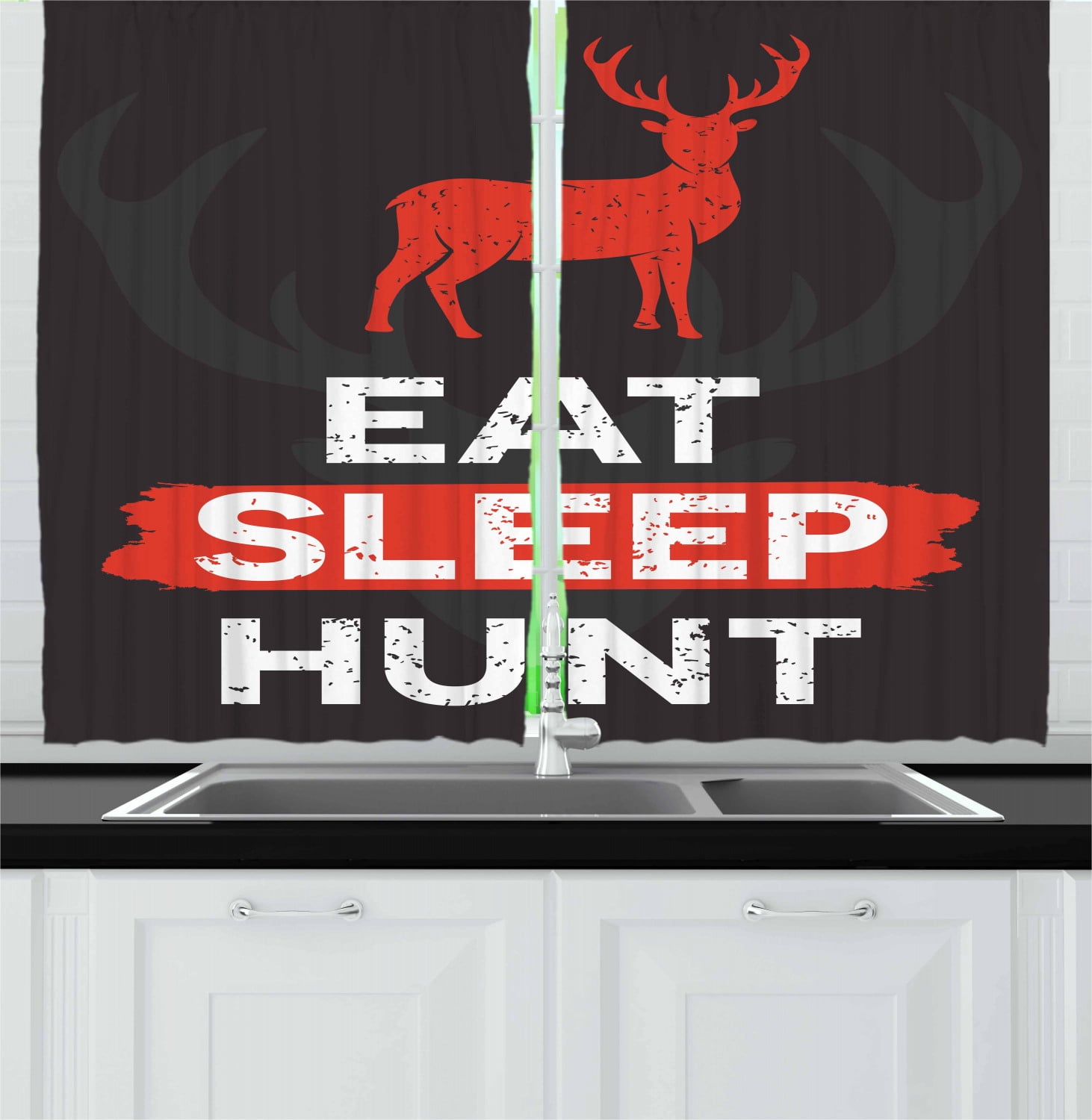 Hunting Curtains 2 Panels Set, Eat Sleep Hunt Inspirational Quote Grunge Retro Deer Silhouette Antlers, Window Drapes for Living Room Bedroom, 55W X 39L Inches, Scarlet White Grey, by Ambesonne