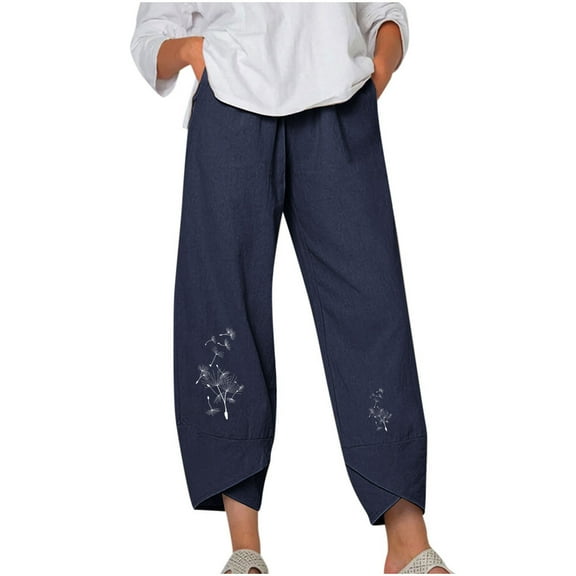 ShomPort Women's Casual Capris Pants Summer Cotton Linen Straight Cropped Pants Elastic Waist Print Pants with Pockets
