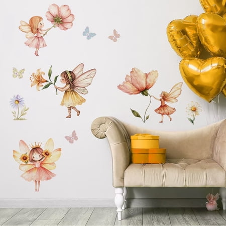 Boho Watercolor Fairy Wall Decal, Floral Butterfly Fairy Wall Sticker, Baby Girl Nursery Decor, Magical Kids Bedroom Wall Art, Fairy Lover Gift