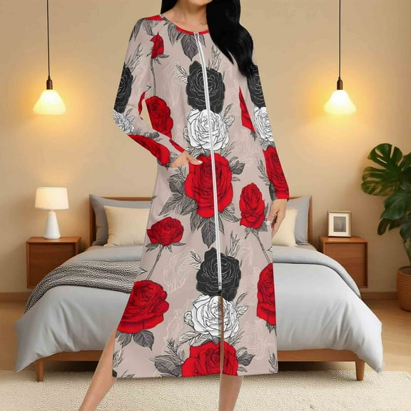 Aboser Elegant Rose Print Robes for Women Zip Up Long Sleeve Nighdress Lightweight Crew Neck Sleepwear Breathable Soft Full Length House Coat with Pockets