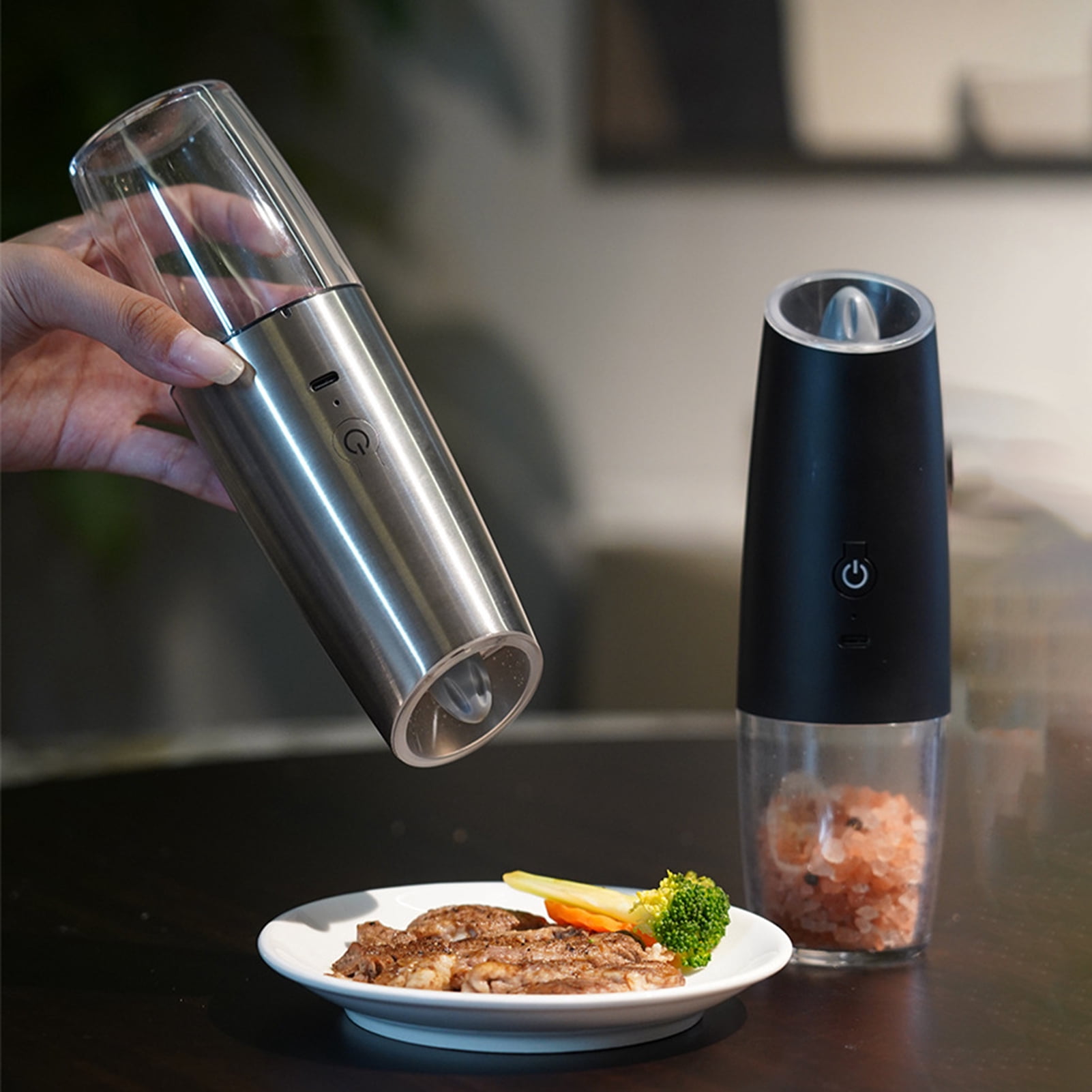 Electric Salt Pepper Grinder Set 6oz Capacity Adjustable Coarseness Pepper Shaker LED Light One Hand Operated Spice Grinder,Silver